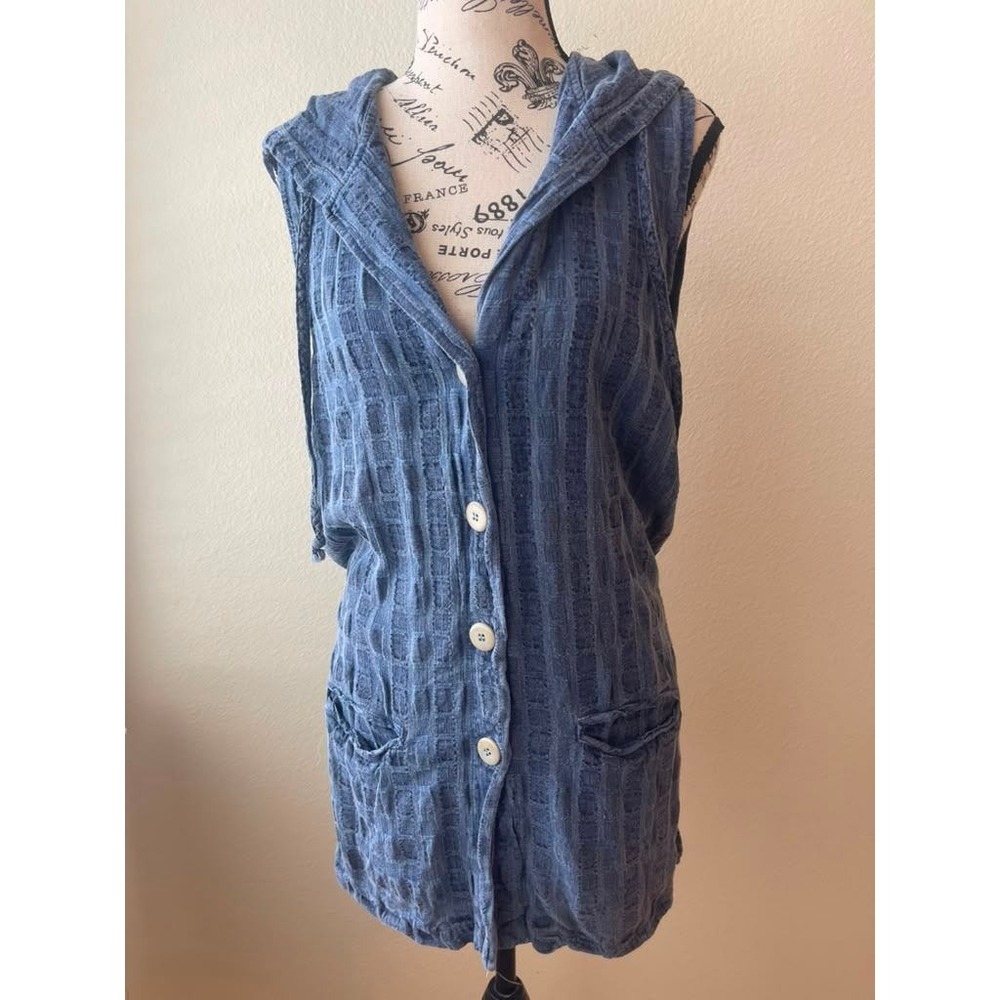 All Valley Cotton Blue Rayon Linen Plaid Sleeveless Hooded Button Front Vest S
